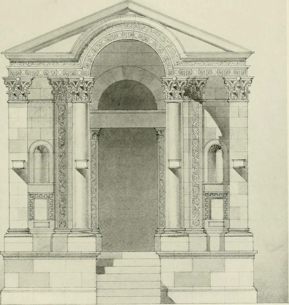 An illustration from Medieval architecture, its origins and development, with lists of monuments and bibliographies, 1912, leaf 130