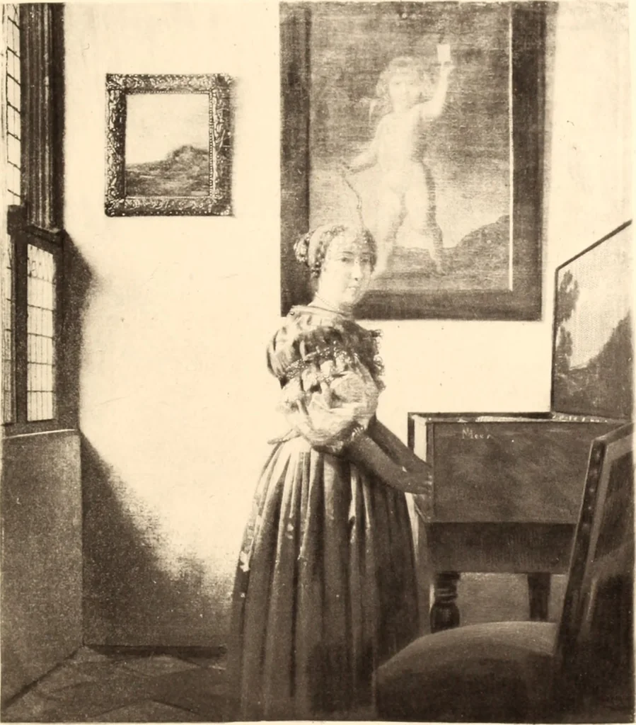 An illustration from Catalogue de tableaux anciens : uvres remarquables de Van der Meer de Delft et autres de F. Bol, P. Breughel, Fabritius, ... etc., etc. : tableaux modernes par Monticelli, Th. Rousseau et Diaz : le tout formant la collection de feu Thoré-Bürger, dont la vente aura lieu Hotel Drouot, salle no 7, le lundi 5 decémbre 1892 a trois heures, 1892, leaf 34