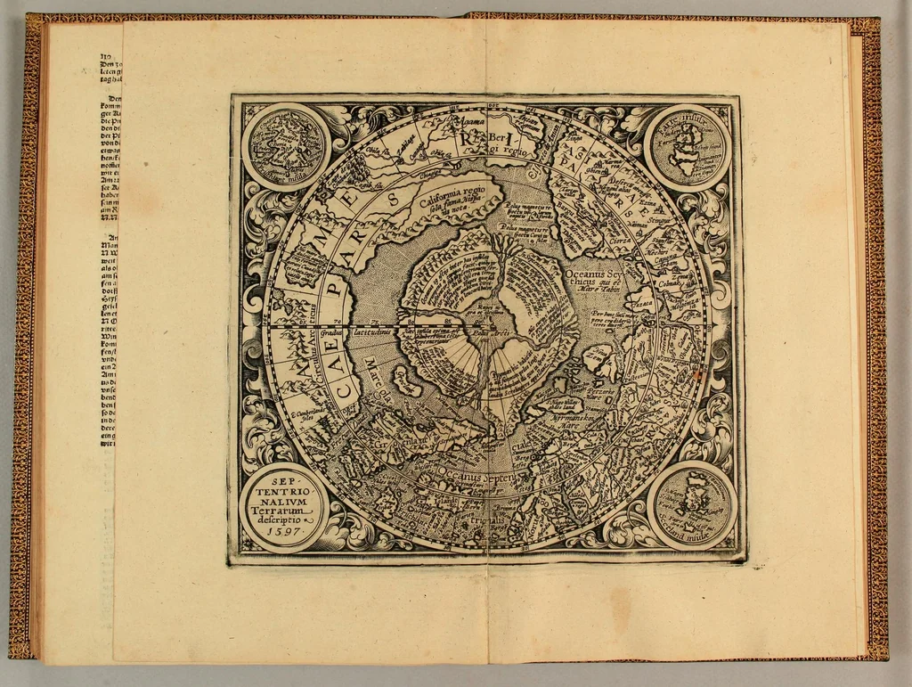 An illustration from Meer oder Seehanen Buch, : darinn verzeichnet seind, die wunderbare, gedenckwürdige Reise Vnd Schriffarhten, so recht und billich geheissen Meer Vnd Seehanen, der Königen von Hispania, Portugal, Engellandt vnd Franckreich, inwendig den letst vergangnen hundert Jahren, gettran. Auff vnd durch welche Schiffarten, ein Newe Welt gegen Nidergang, und grosse Königreichen...gegen Auffgang gelegen...entdeckt seind. ..., 1598, leaf 113