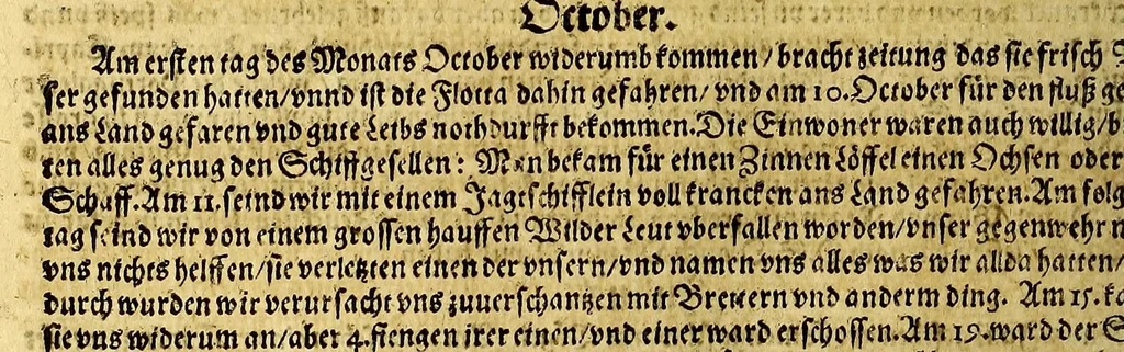An illustration from Meer oder Seehanen Buch, : darinn verzeichnet seind, die wunderbare, gedenckwürdige Reise Vnd Schriffarhten, so recht und billich geheissen Meer Vnd Seehanen, der Königen von Hispania, Portugal, Engellandt vnd Franckreich, inwendig den letst vergangnen hundert Jahren, gettran. Auff vnd durch welche Schiffarten, ein Newe Welt gegen Nidergang, und grosse Königreichen...gegen Auffgang gelegen...entdeckt seind. ..., 1598, leaf 98