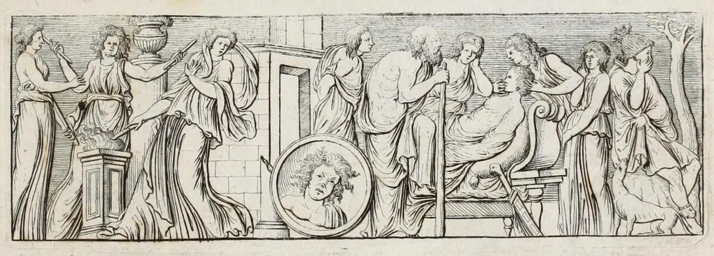 An illustration from Meleagrides et Aetolia, ex numismate Kyrieōn apud Goltzium : interspersis marmoribus quibusdam de Meleagri interitu & apri Calydonii venatione, 1696, leaf 17