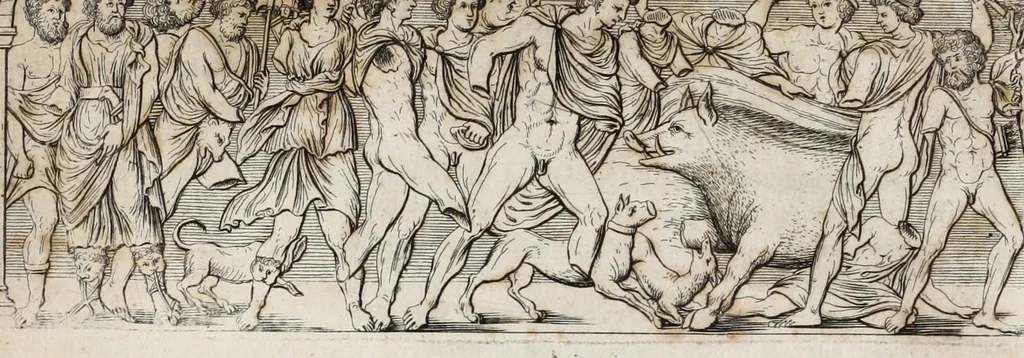 An illustration from Meleagrides et Aetolia, ex numismate Kyrieōn apud Goltzium : interspersis marmoribus quibusdam de Meleagri interitu & apri Calydonii venatione, 1696, leaf 25