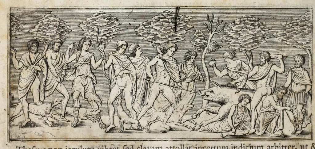 An illustration from Meleagrides et Aetolia, ex numismate Kyrieōn apud Goltzium : interspersis marmoribus quibusdam de Meleagri interitu & apri Calydonii venatione, 1696, leaf 26