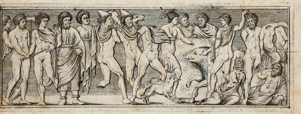 An illustration from Meleagrides et Aetolia, ex numismate Kyrieōn apud Goltzium : interspersis marmoribus quibusdam de Meleagri interitu & apri Calydonii venatione, 1696, leaf 27