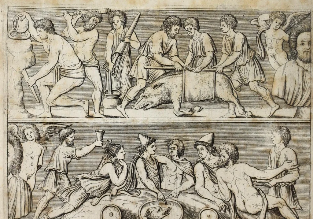 An illustration from Meleagrides et Aetolia, ex numismate Kyrieōn apud Goltzium : interspersis marmoribus quibusdam de Meleagri interitu & apri Calydonii venatione, 1696, leaf 28