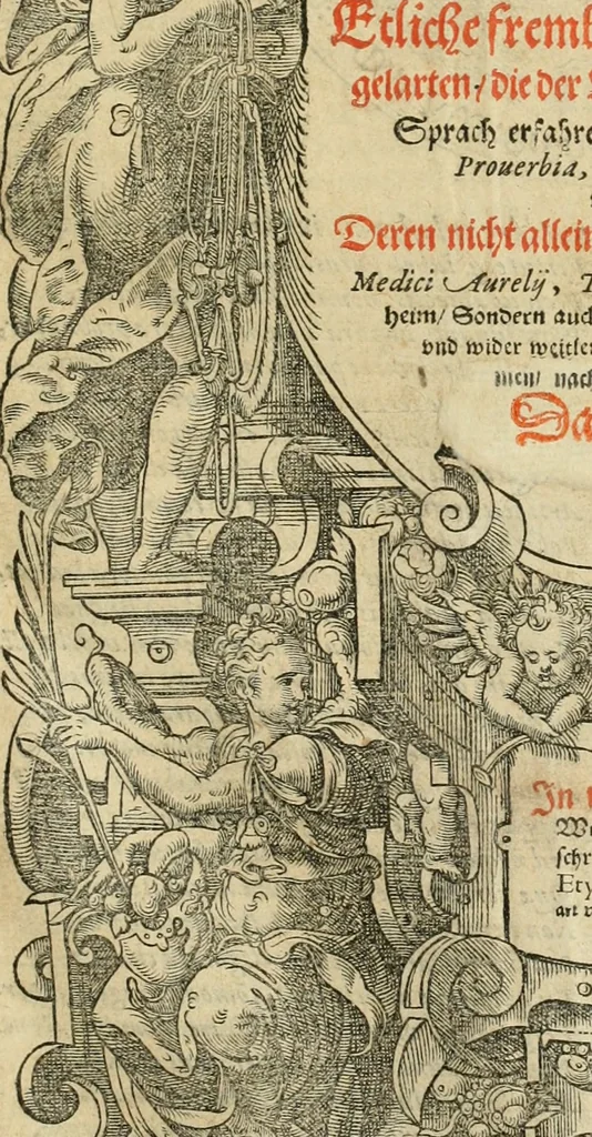 An illustration from Melitsat kai hermeneia : das ist, Onomasticvm vnd Interpretatio, oder, Aussführliche Erklerung Leonharten Thurneyssers zum Thurn ... vber etliche frembde vn[d] (bey vielen hochgelarten, die der lateinischen vnd griechischen Sprach erfahren) vnbekante Nomina, Verba, Prouerbia, Dicta, Sylben, Caracter, vnd sonst Reden, deren nicht allein in theuren Philosophi vnd Medici Aurelij, Theophrasti, Paracelsi von Hohenheim, sondern auch in anderer Authorum Schrifften hin vnd wider weitleufftig gedacht ... : das ander Theil, in welchem fast jedes Wort, mit seiner eigenen Schrifft, nach der Völcker Etymologia oder eigenen Art vnd Weis zureden beschrieben worden ist, 1583, leaf 2