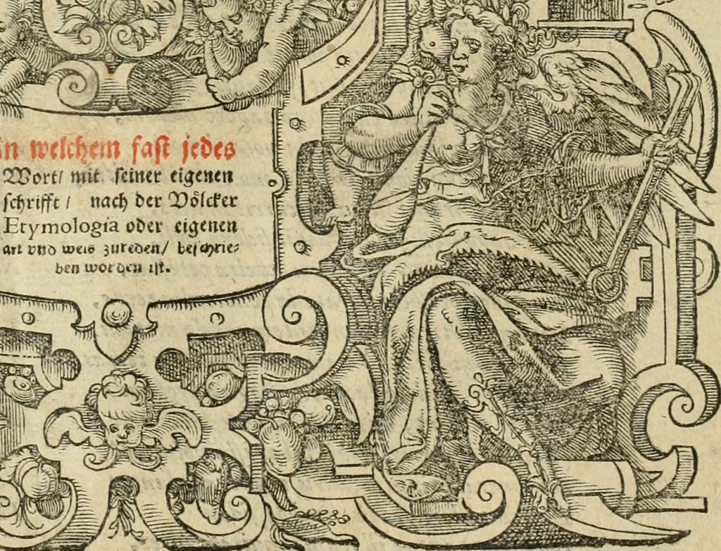 An illustration from Melitsat kai hermeneia : das ist, Onomasticvm vnd Interpretatio, oder, Aussführliche Erklerung Leonharten Thurneyssers zum Thurn ... vber etliche frembde vn[d] (bey vielen hochgelarten, die der lateinischen vnd griechischen Sprach erfahren) vnbekante Nomina, Verba, Prouerbia, Dicta, Sylben, Caracter, vnd sonst Reden, deren nicht allein in theuren Philosophi vnd Medici Aurelij, Theophrasti, Paracelsi von Hohenheim, sondern auch in anderer Authorum Schrifften hin vnd wider weitleufftig gedacht ... : das ander Theil, in welchem fast jedes Wort, mit seiner eigenen Schrifft, nach der Völcker Etymologia oder eigenen Art vnd Weis zureden beschrieben worden ist, 1583, leaf 2