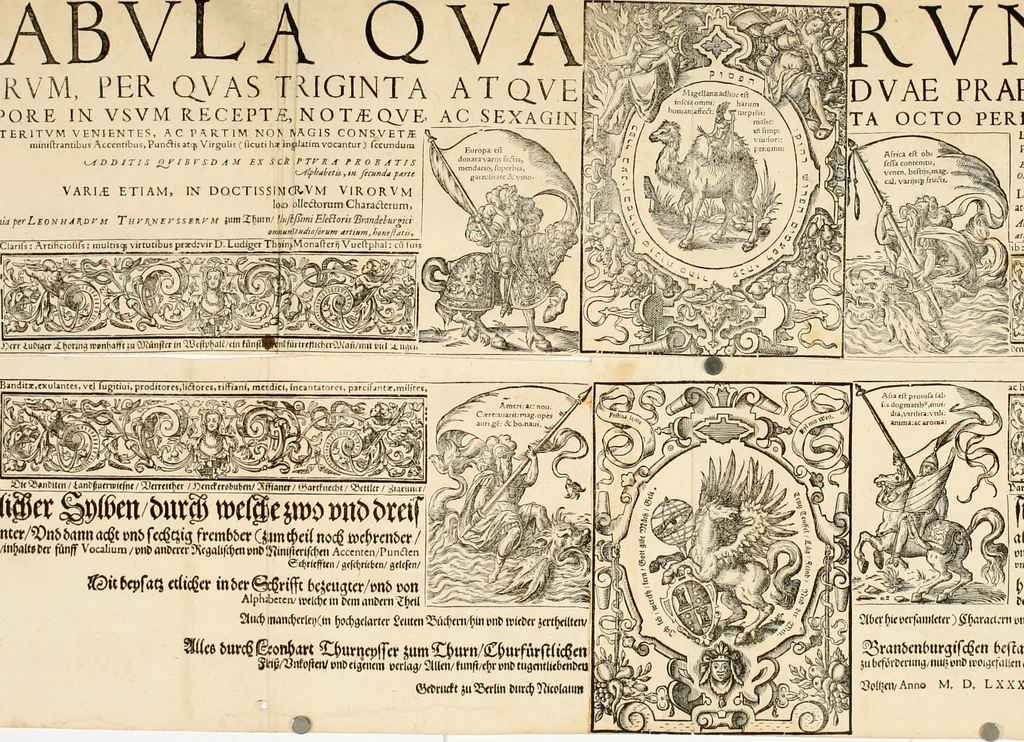 An illustration from Melitsat kai hermeneia : das ist, Onomasticvm vnd Interpretatio, oder, Aussführliche Erklerung Leonharten Thurneyssers zum Thurn ... vber etliche frembde vn[d] (bey vielen hochgelarten, die der lateinischen vnd griechischen Sprach erfahren) vnbekante Nomina, Verba, Prouerbia, Dicta, Sylben, Caracter, vnd sonst Reden, deren nicht allein in theuren Philosophi vnd Medici Aurelij, Theophrasti, Paracelsi von Hohenheim, sondern auch in anderer Authorum Schrifften hin vnd wider weitleufftig gedacht ... : das ander Theil, in welchem fast jedes Wort, mit seiner eigenen Schrifft, nach der Völcker Etymologia oder eigenen Art vnd Weis zureden beschrieben worden ist, 1583, leaf 202