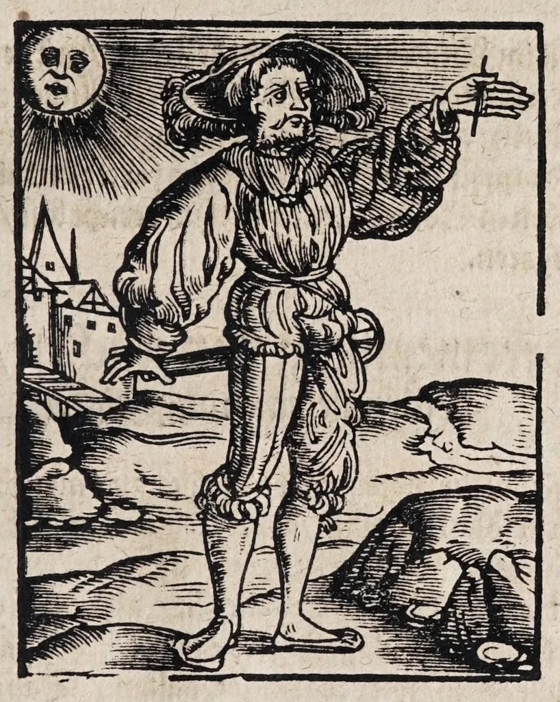An illustration from M. Elucidarius Von allerhand Geschöpffen Gottes, den Engeln, den Himmeln, Gestirn, Planeten, vnd wie alle Creaturen geschaffen seind auff Erden : auch wie die Erdt in drey Theyl getheylet, vnnd dero Länder, sampt der Völcker darinn, Eigenschafften, vnd wunderbarlichen Thieren, auss Plinio Secundo, Solino, und andern Weltbeschreibern, ein kurtze vnd lustige Anzeigung : mit angehencktem Bauren Compassz, vor die jhenigen gestellt, so sich auff den Compassz nicht verstehen, oder denselben nicht allzeit bey sich haben, die Stundt dess Tages in der Handt durch den Strohalmen zu lehrnen, 1584, leaf 101