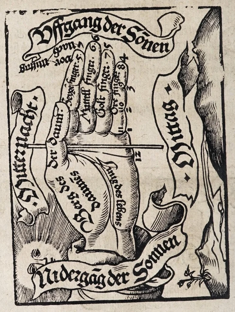 An illustration from M. Elucidarius Von allerhand Geschöpffen Gottes, den Engeln, den Himmeln, Gestirn, Planeten, vnd wie alle Creaturen geschaffen seind auff Erden : auch wie die Erdt in drey Theyl getheylet, vnnd dero Länder, sampt der Völcker darinn, Eigenschafften, vnd wunderbarlichen Thieren, auss Plinio Secundo, Solino, und andern Weltbeschreibern, ein kurtze vnd lustige Anzeigung : mit angehencktem Bauren Compassz, vor die jhenigen gestellt, so sich auff den Compassz nicht verstehen, oder denselben nicht allzeit bey sich haben, die Stundt dess Tages in der Handt durch den Strohalmen zu lehrnen, 1584, leaf 104