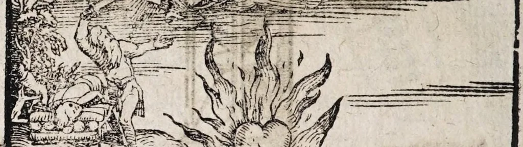 An illustration from M. Elucidarius Von allerhand Geschöpffen Gottes, den Engeln, den Himmeln, Gestirn, Planeten, vnd wie alle Creaturen geschaffen seind auff Erden : auch wie die Erdt in drey Theyl getheylet, vnnd dero Länder, sampt der Völcker darinn, Eigenschafften, vnd wunderbarlichen Thieren, auss Plinio Secundo, Solino, und andern Weltbeschreibern, ein kurtze vnd lustige Anzeigung : mit angehencktem Bauren Compassz, vor die jhenigen gestellt, so sich auff den Compassz nicht verstehen, oder denselben nicht allzeit bey sich haben, die Stundt dess Tages in der Handt durch den Strohalmen zu lehrnen, 1584, leaf 106