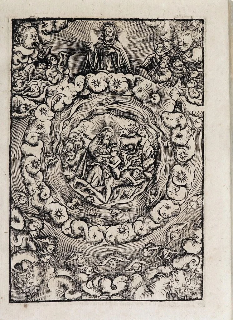 An illustration from M. Elucidarius Von allerhand Geschöpffen Gottes, den Engeln, den Himmeln, Gestirn, Planeten, vnd wie alle Creaturen geschaffen seind auff Erden : auch wie die Erdt in drey Theyl getheylet, vnnd dero Länder, sampt der Völcker darinn, Eigenschafften, vnd wunderbarlichen Thieren, auss Plinio Secundo, Solino, und andern Weltbeschreibern, ein kurtze vnd lustige Anzeigung : mit angehencktem Bauren Compassz, vor die jhenigen gestellt, so sich auff den Compassz nicht verstehen, oder denselben nicht allzeit bey sich haben, die Stundt dess Tages in der Handt durch den Strohalmen zu lehrnen, 1584, leaf 11