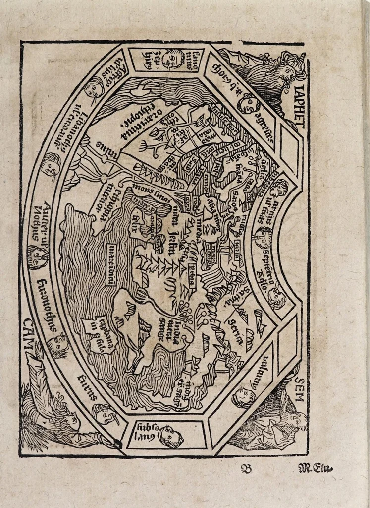 An illustration from M. Elucidarius Von allerhand Geschöpffen Gottes, den Engeln, den Himmeln, Gestirn, Planeten, vnd wie alle Creaturen geschaffen seind auff Erden : auch wie die Erdt in drey Theyl getheylet, vnnd dero Länder, sampt der Völcker darinn, Eigenschafften, vnd wunderbarlichen Thieren, auss Plinio Secundo, Solino, und andern Weltbeschreibern, ein kurtze vnd lustige Anzeigung : mit angehencktem Bauren Compassz, vor die jhenigen gestellt, so sich auff den Compassz nicht verstehen, oder denselben nicht allzeit bey sich haben, die Stundt dess Tages in der Handt durch den Strohalmen zu lehrnen, 1584, leaf 13