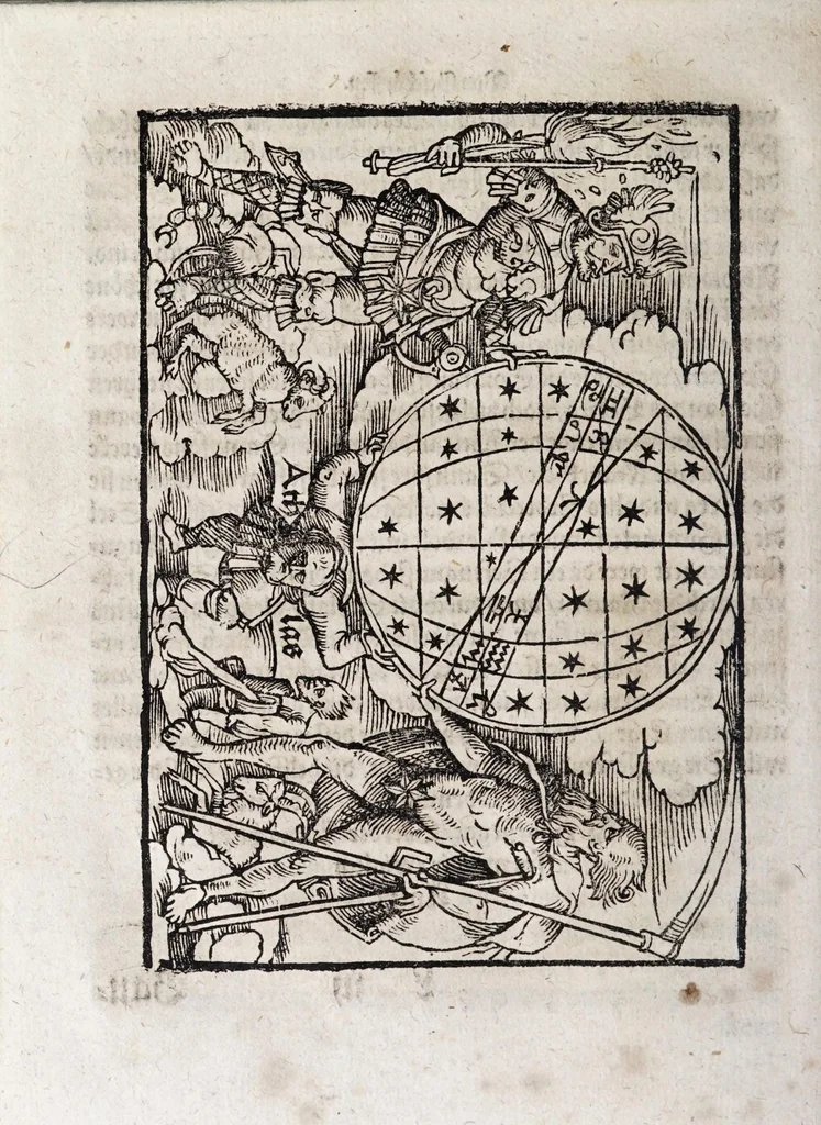 An illustration from M. Elucidarius Von allerhand Geschöpffen Gottes, den Engeln, den Himmeln, Gestirn, Planeten, vnd wie alle Creaturen geschaffen seind auff Erden : auch wie die Erdt in drey Theyl getheylet, vnnd dero Länder, sampt der Völcker darinn, Eigenschafften, vnd wunderbarlichen Thieren, auss Plinio Secundo, Solino, und andern Weltbeschreibern, ein kurtze vnd lustige Anzeigung : mit angehencktem Bauren Compassz, vor die jhenigen gestellt, so sich auff den Compassz nicht verstehen, oder denselben nicht allzeit bey sich haben, die Stundt dess Tages in der Handt durch den Strohalmen zu lehrnen, 1584, leaf 90