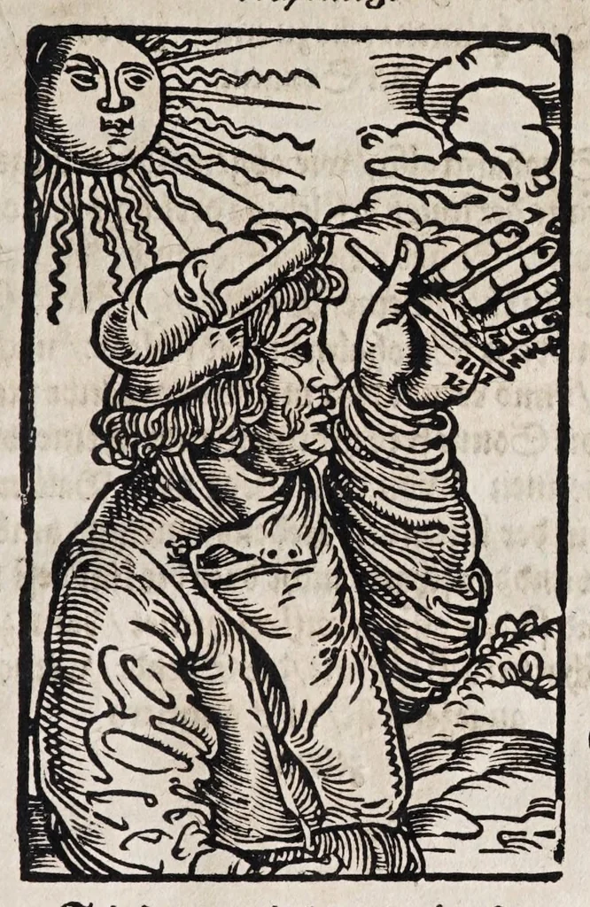 An illustration from M. Elucidarius Von allerhand Geschöpffen Gottes, den Engeln, den Himmeln, Gestirn, Planeten, vnd wie alle Creaturen geschaffen seind auff Erden : auch wie die Erdt in drey Theyl getheylet, vnnd dero Länder, sampt der Völcker darinn, Eigenschafften, vnd wunderbarlichen Thieren, auss Plinio Secundo, Solino, und andern Weltbeschreibern, ein kurtze vnd lustige Anzeigung : mit angehencktem Bauren Compassz, vor die jhenigen gestellt, so sich auff den Compassz nicht verstehen, oder denselben nicht allzeit bey sich haben, die Stundt dess Tages in der Handt durch den Strohalmen zu lehrnen, 1584, leaf 99