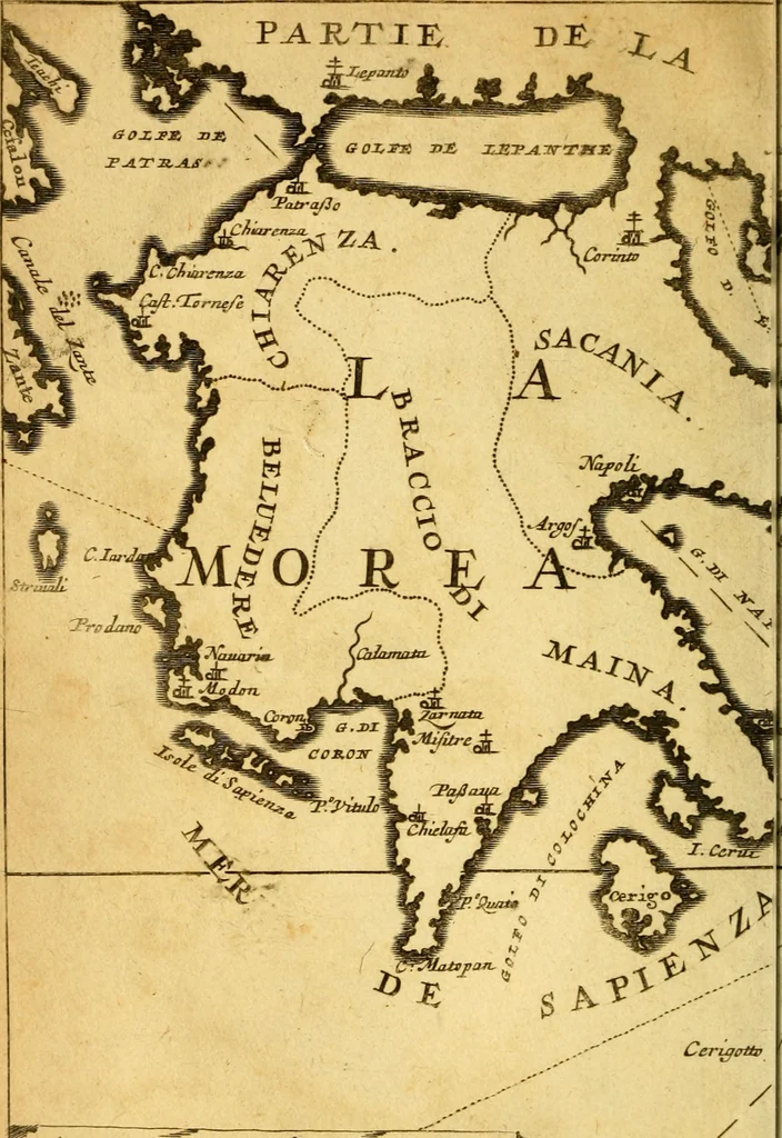 An illustration from Memoires, historiques & geographiques du royaume de la Moree, Negrepont, & des places maritimes, jusques à Thessalonique, 1686, leaf 11