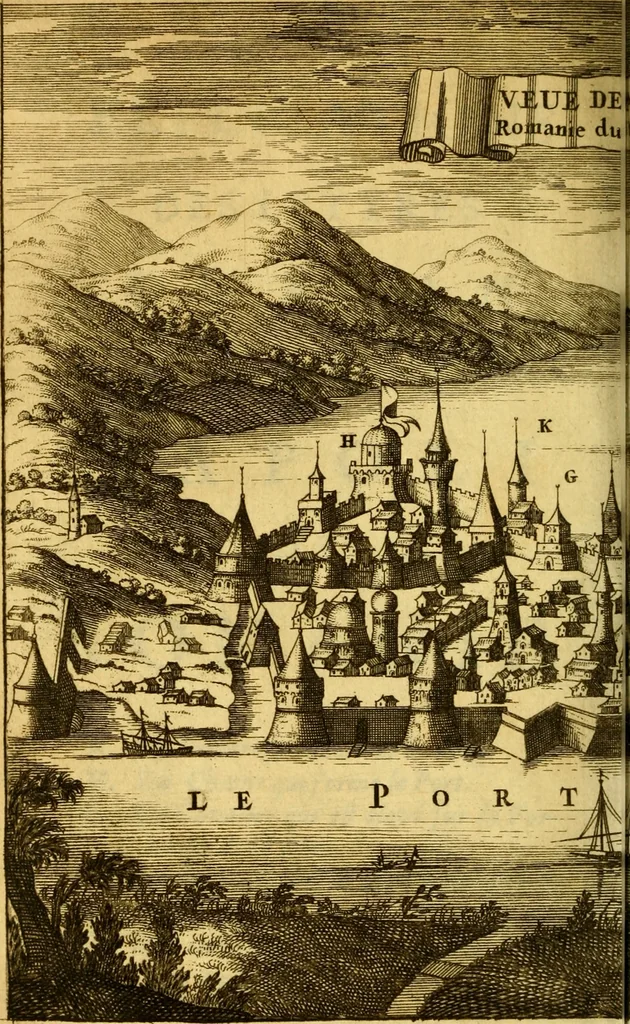 An illustration from Memoires, historiques & geographiques du royaume de la Moree, Negrepont, & des places maritimes, jusques à Thessalonique, 1686, leaf 213