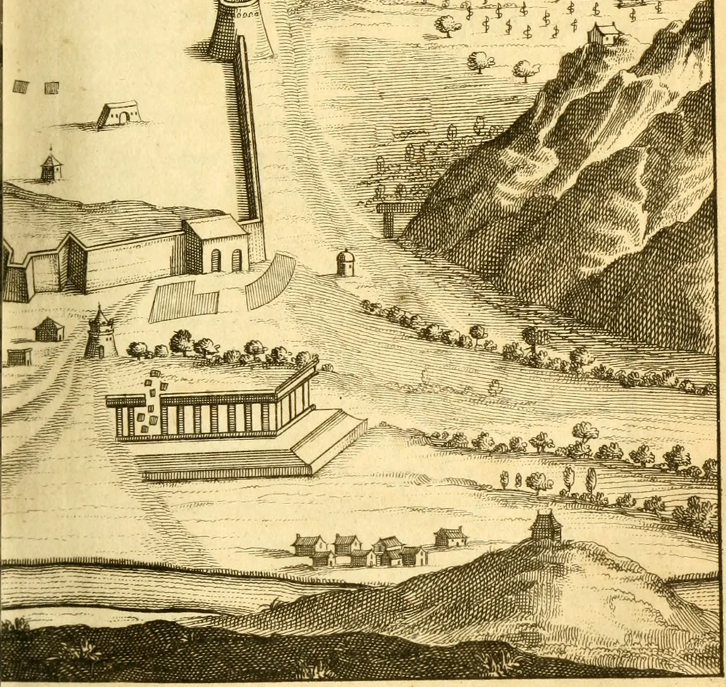 An illustration from Memoires, historiques & geographiques du royaume de la Moree, Negrepont, & des places maritimes, jusques à Thessalonique, 1686, leaf 350