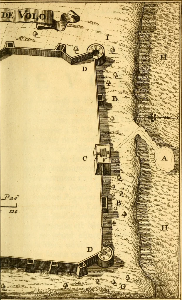 An illustration from Memoires, historiques & geographiques du royaume de la Moree, Negrepont, & des places maritimes, jusques à Thessalonique, 1686, leaf 386
