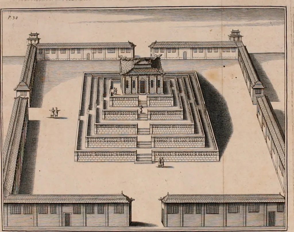 An illustration from Memoirs and observations topographical, physical, mathematical, mechanical, natural, civil, and ecclesiastical. Made in a late journey through the Empire of China, and published in several letters. Particularly upon the Chinese pottery and varnishing; the silk and other manufactures; the pearl fishing; the history of plants and animals. Description of their cities and publick works; number of people, their language, manners and commerce; their habits, oeconomy, and government. The philosophy of Confucius. The state of Christianity, with many other curious and useful remarks, 1697, leaf 69