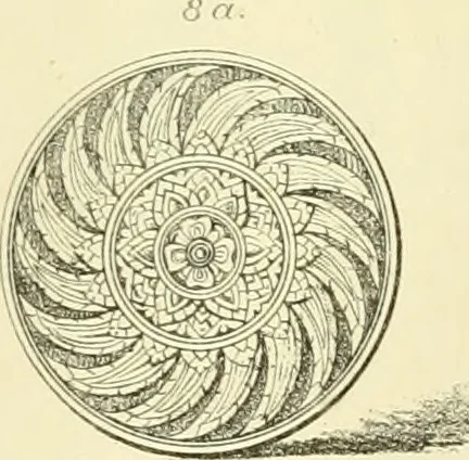 An illustration from Memorandum on clay discs called "Spindle Whorls" and Votive Seals found at Sankisa, Behar, and other Buddhist ruins in the North Western provinces of India, 1880, leaf 22