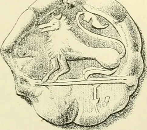 An illustration from Memorandum on clay discs called "Spindle Whorls" and Votive Seals found at Sankisa, Behar, and other Buddhist ruins in the North Western provinces of India, 1880, leaf 26