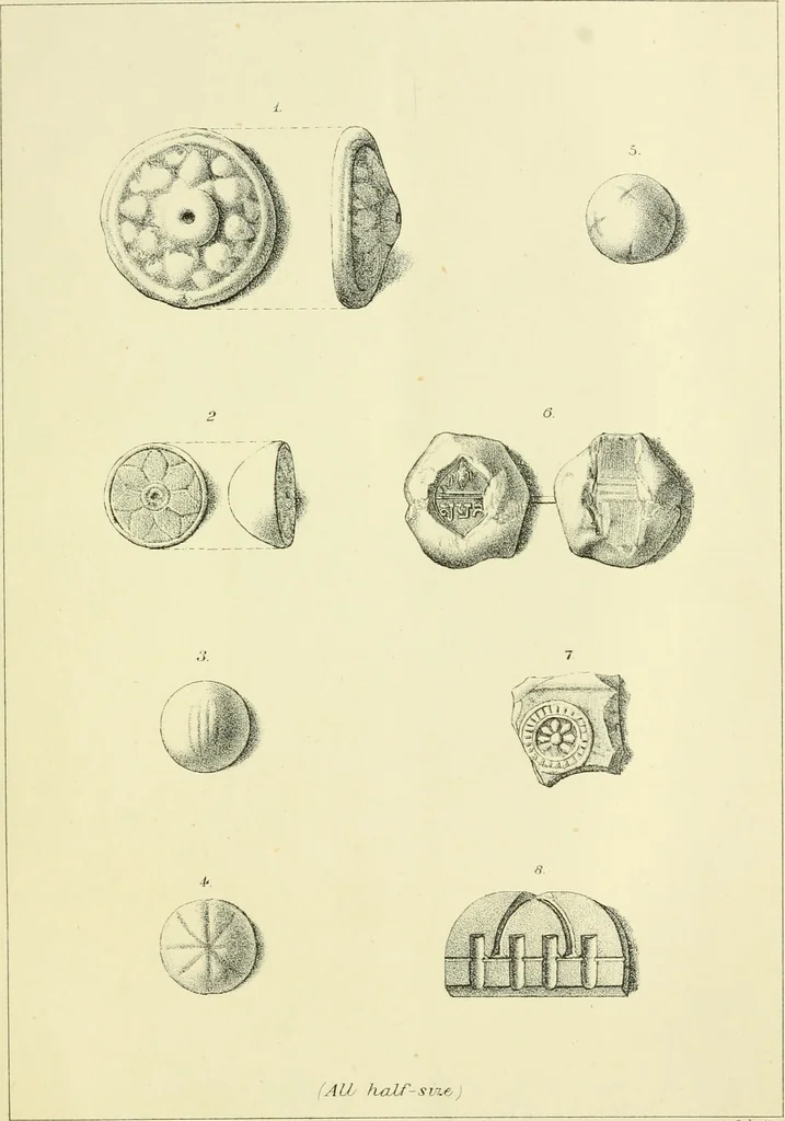 An illustration from Memorandum on clay discs called "Spindle Whorls" and Votive Seals found at Sankisa, Behar, and other Buddhist ruins in the North Western provinces of India, 1880, leaf 28