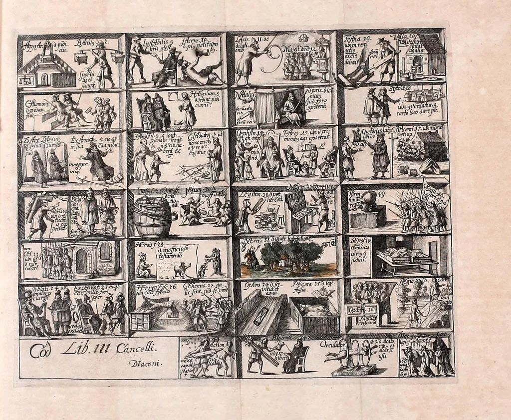 An illustration from Memoriale codicis Justinianei, authenticarum seu novellarum & consuetudinum feudorum : quo istorum librorum tituli omnes ac singuli, itemq[ue] leges à J. Gothofredo collectae, emblematibus & imaginibus ita efficta exhibentur, ut unà cum titulorum materiis eorumquoq[ue] numeri memoriâ facilè accipi, probè teneri ac promptè & sine cunctatione reddi qveant, 1674, leaf 23