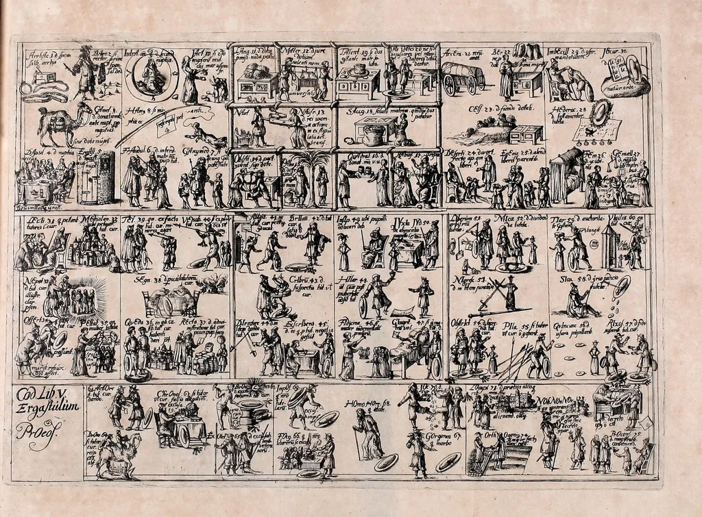 An illustration from Memoriale codicis Justinianei, authenticarum seu novellarum & consuetudinum feudorum : quo istorum librorum tituli omnes ac singuli, itemq[ue] leges à J. Gothofredo collectae, emblematibus & imaginibus ita efficta exhibentur, ut unà cum titulorum materiis eorumquoq[ue] numeri memoriâ facilè accipi, probè teneri ac promptè & sine cunctatione reddi qveant, 1674, leaf 35