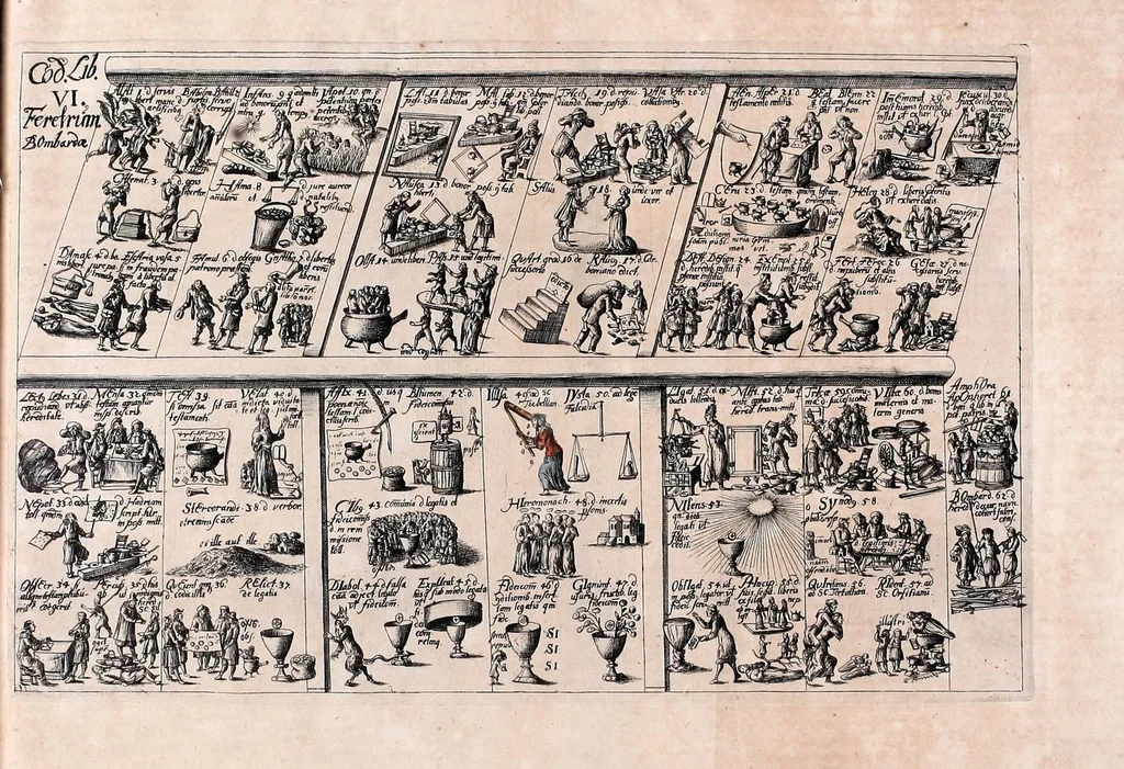 An illustration from Memoriale codicis Justinianei, authenticarum seu novellarum & consuetudinum feudorum : quo istorum librorum tituli omnes ac singuli, itemq[ue] leges à J. Gothofredo collectae, emblematibus & imaginibus ita efficta exhibentur, ut unà cum titulorum materiis eorumquoq[ue] numeri memoriâ facilè accipi, probè teneri ac promptè & sine cunctatione reddi qveant, 1674, leaf 43