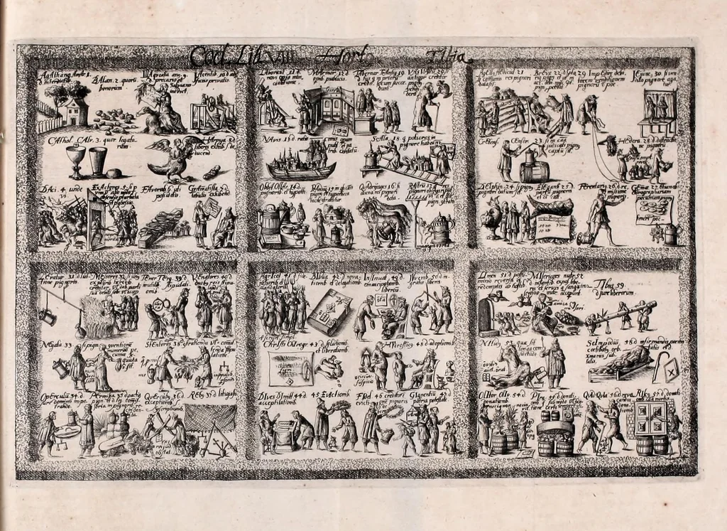 An illustration from Memoriale codicis Justinianei, authenticarum seu novellarum & consuetudinum feudorum : quo istorum librorum tituli omnes ac singuli, itemq[ue] leges à J. Gothofredo collectae, emblematibus & imaginibus ita efficta exhibentur, ut unà cum titulorum materiis eorumquoq[ue] numeri memoriâ facilè accipi, probè teneri ac promptè & sine cunctatione reddi qveant, 1674, leaf 57