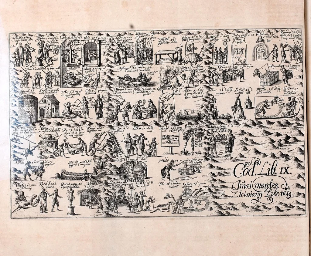 An illustration from Memoriale codicis Justinianei, authenticarum seu novellarum & consuetudinum feudorum : quo istorum librorum tituli omnes ac singuli, itemq[ue] leges à J. Gothofredo collectae, emblematibus & imaginibus ita efficta exhibentur, ut unà cum titulorum materiis eorumquoq[ue] numeri memoriâ facilè accipi, probè teneri ac promptè & sine cunctatione reddi qveant, 1674, leaf 64