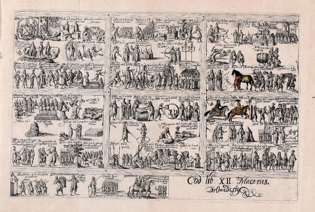An illustration from Memoriale codicis Justinianei, authenticarum seu novellarum & consuetudinum feudorum : quo istorum librorum tituli omnes ac singuli, itemq[ue] leges à J. Gothofredo collectae, emblematibus & imaginibus ita efficta exhibentur, ut unà cum titulorum materiis eorumquoq[ue] numeri memoriâ facilè accipi, probè teneri ac promptè & sine cunctatione reddi qveant, 1674, leaf 88