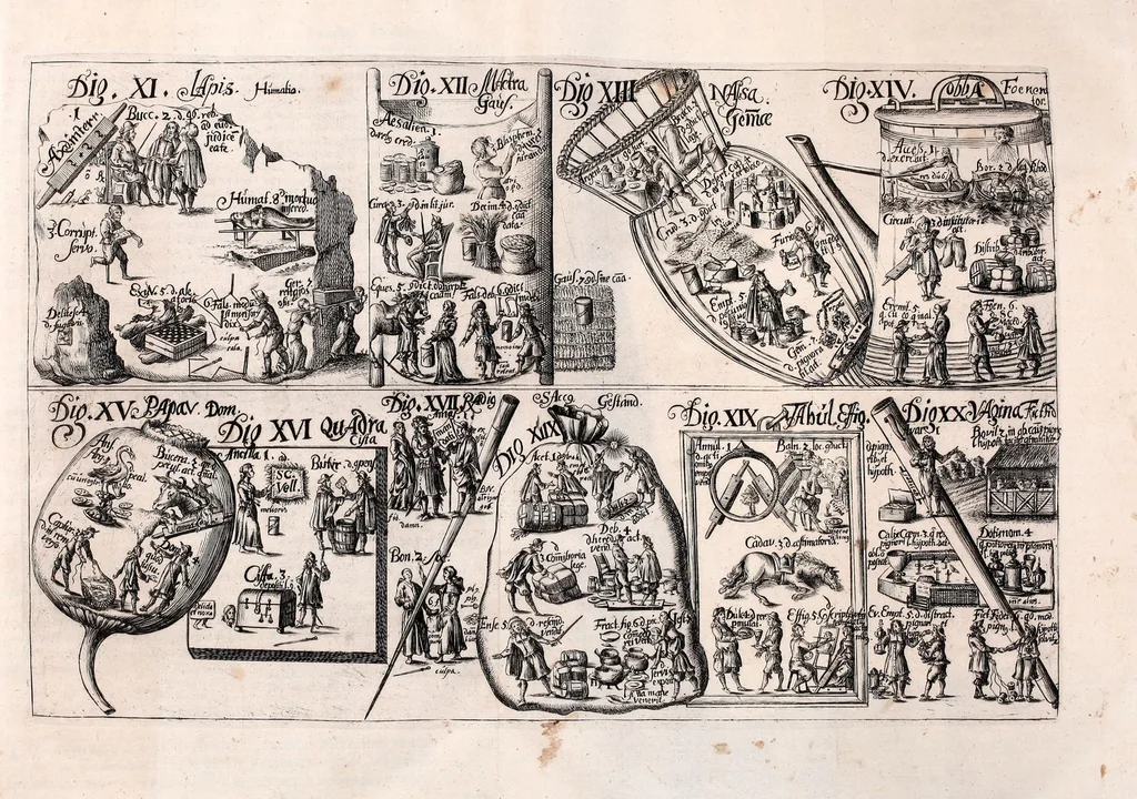 An illustration from Memoriale juris civilis Romani : quo tituli omnes et praecipuae leges, quae in quinquaginta digestorum, seu pandectarum libris sunt, emblematibus & imaginibus ita efficta exhibentur, ut, unà cum titulorum materiis, eorum etiam numeri memoriae imprimi, contineri ac reddi : quin etiam leges illae praecipuae ad suos referri titulos facili negotio queant, ad minuendos in studio juris labores, 1673, leaf 55