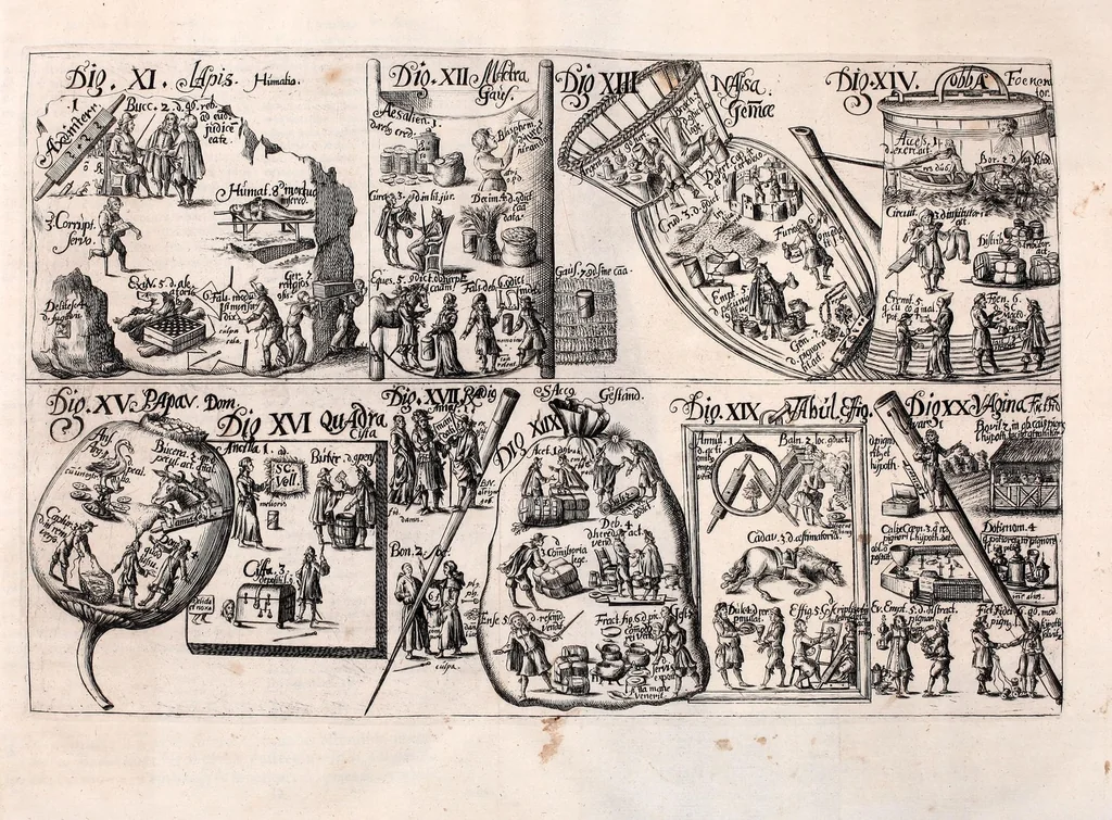 An illustration from Memoriale juris civilis Romani : quo tituli omnes et praecipuae leges, quae in quinquaginta digestorum, seu pandectarum libris sunt, emblematibus & imaginibus ita efficta exhibentur, ut, unà cum titulorum materiis, eorum etiam numeri memoriae imprimi, contineri ac reddi : quin etiam leges illae praecipuae ad suos referri titulos facili negotio queant, ad minuendos in studio juris labores, 1673, leaf 75