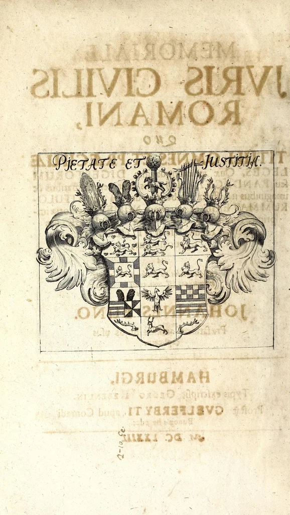 An illustration from Memoriale juris civilis Romani : quo tituli omnes et praecipuae leges, quae in quinquaginta digestorum, seu pandectarum libris sunt, emblematibus & imaginibus ita efficta exhibentur, ut, unà cum titulorum materiis, eorum etiam numeri memoriae imprimi, contineri ac reddi : quin etiam leges illae praecipuae ad suos referri titulos facili negotio queant, ad minuendos in studio juris labores, 1673, leaf 8