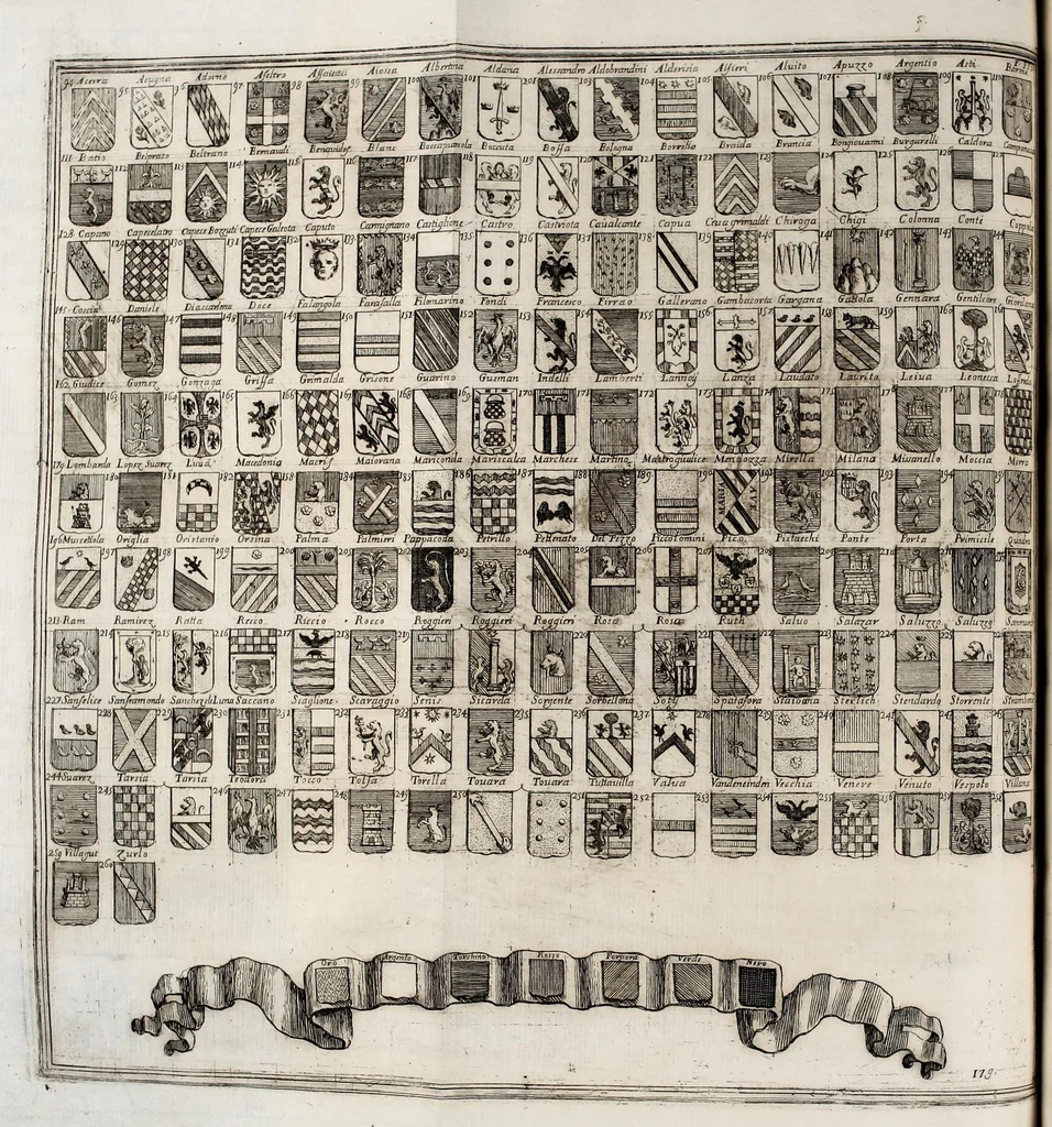 An illustration from Memorie historiche di diverse famiglie nobili : così napoletane, come forastiere, così vive, come spente, con le loro arme : e con un trattado dell'arme in generale : dicise in tre libri, 1691, leaf 369