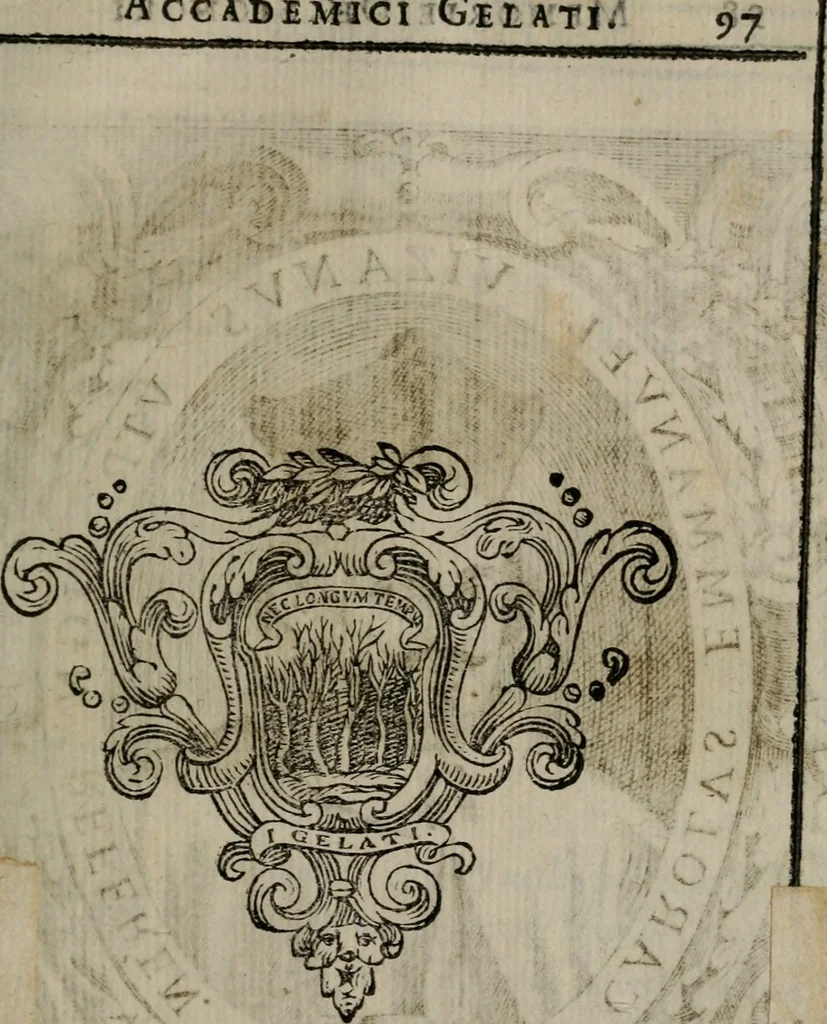 An illustration from Memorie, imprese, e ritratti de' signori Accademici Gelati de Bologna, 1672, leaf 126