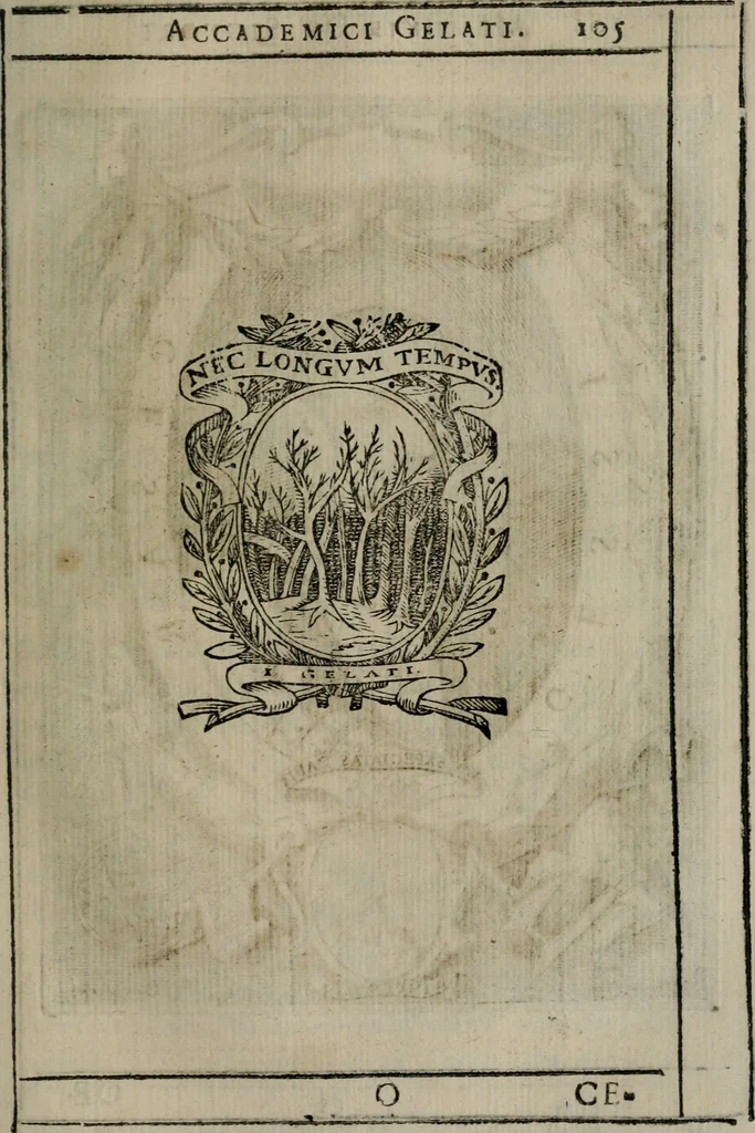 An illustration from Memorie, imprese, e ritratti de' signori Accademici Gelati de Bologna, 1672, leaf 134