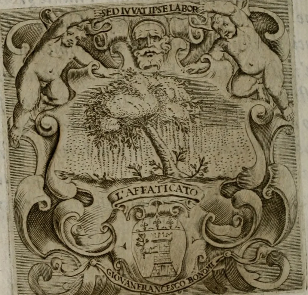 An illustration from Memorie, imprese, e ritratti de' signori Accademici Gelati de Bologna, 1672, leaf 243
