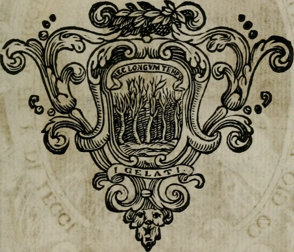 An illustration from Memorie, imprese, e ritratti de' signori Accademici Gelati de Bologna, 1672, leaf 250