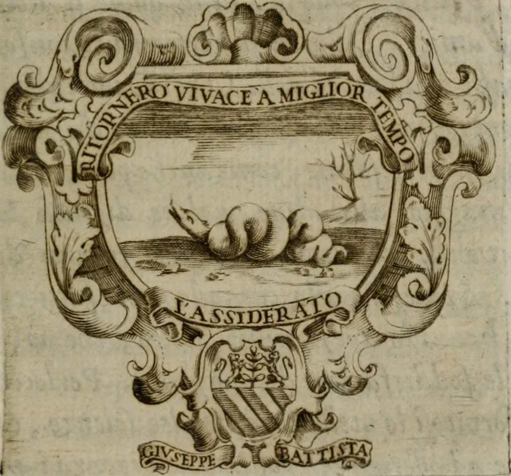 An illustration from Memorie, imprese, e ritratti de' signori Accademici Gelati de Bologna, 1672, leaf 274