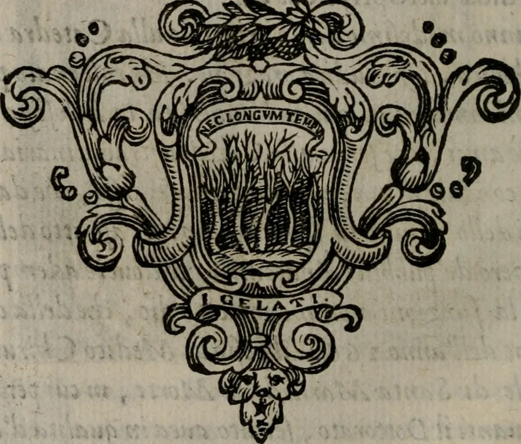 An illustration from Memorie, imprese, e ritratti de' signori Accademici Gelati de Bologna, 1672, leaf 299