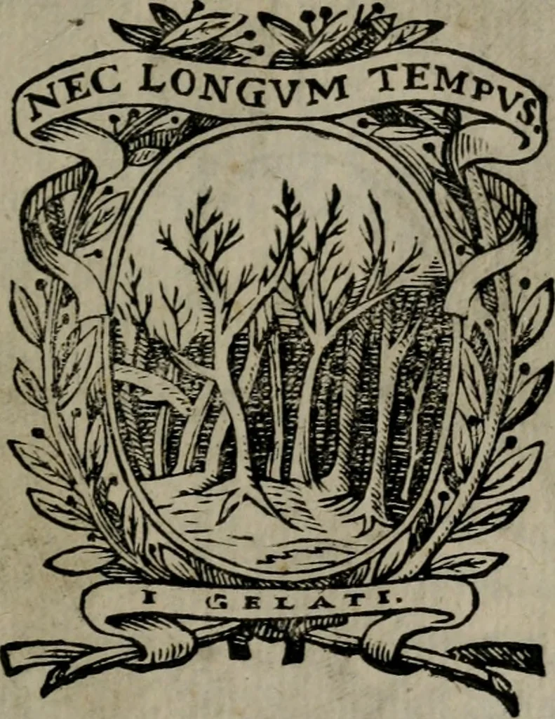 An illustration from Memorie, imprese, e ritratti de' signori Accademici Gelati de Bologna, 1672, leaf 32
