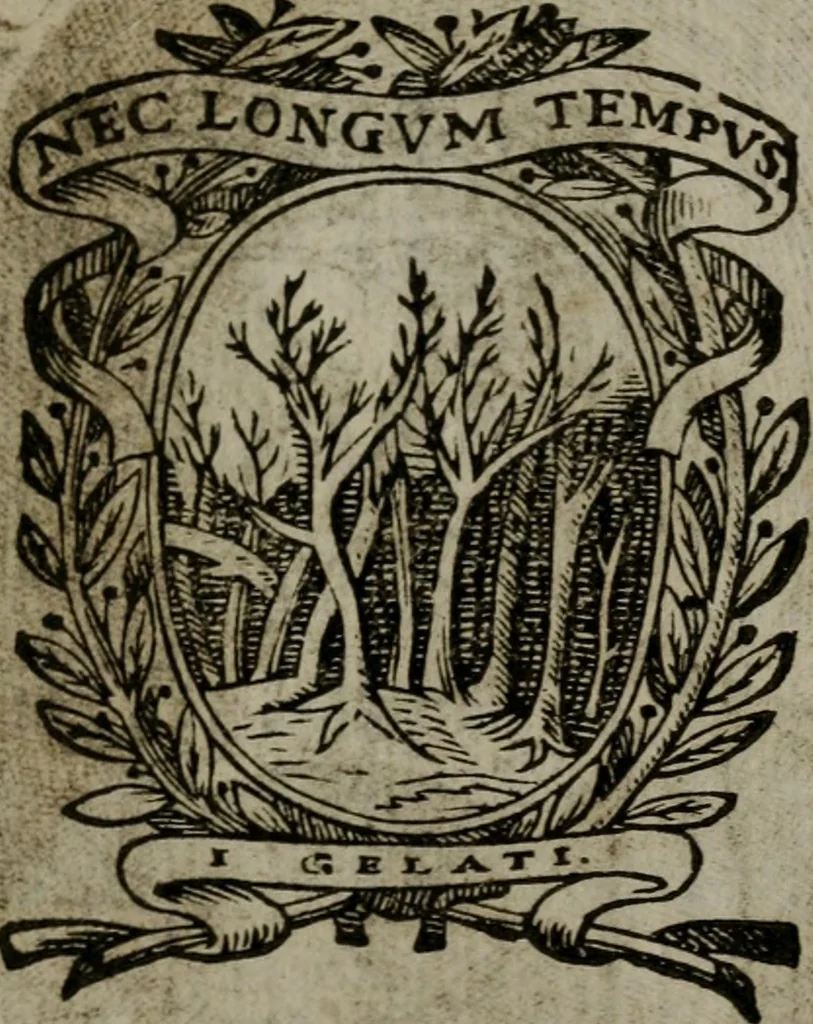 An illustration from Memorie, imprese, e ritratti de' signori Accademici Gelati de Bologna, 1672, leaf 332