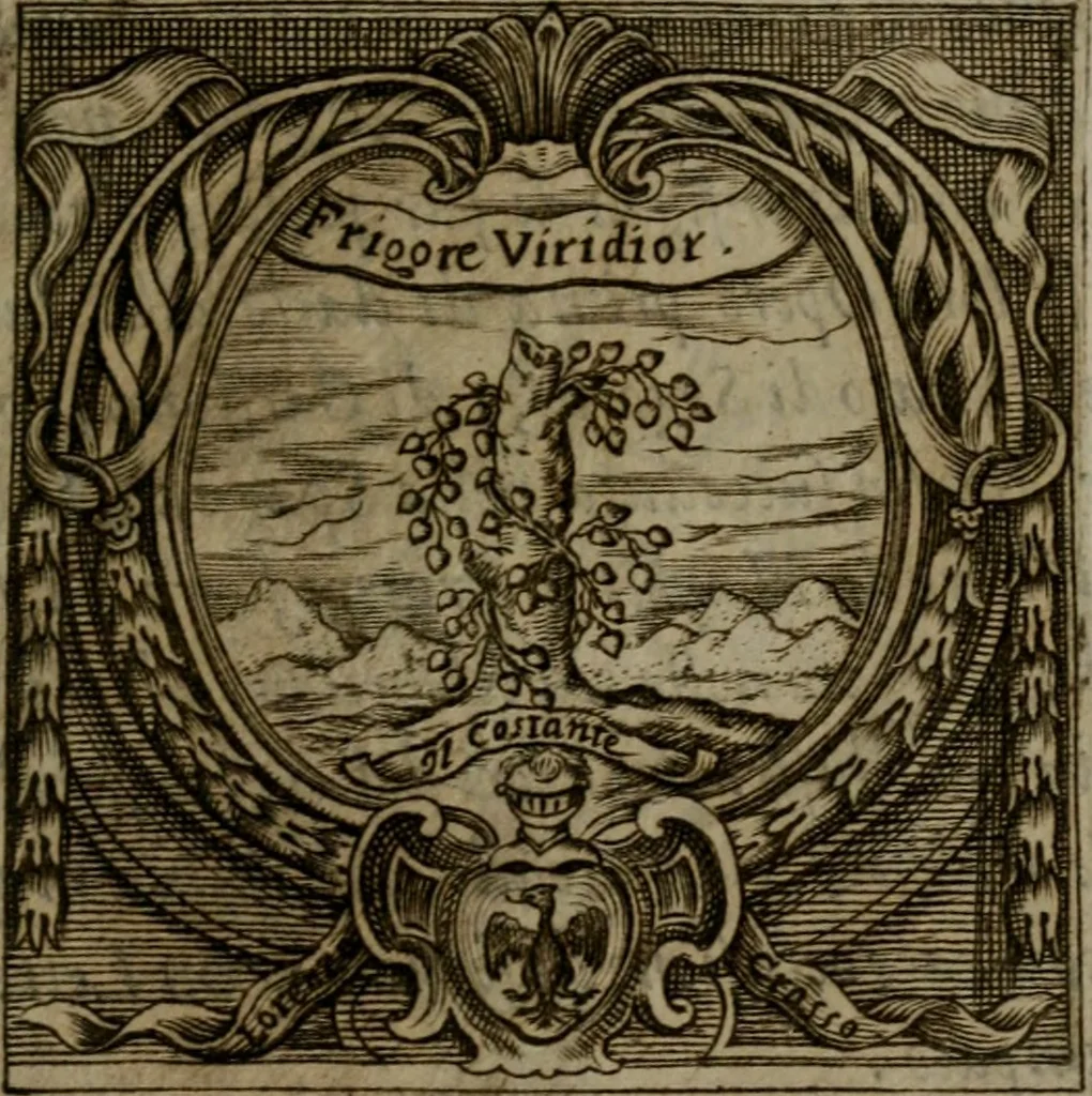 An illustration from Memorie, imprese, e ritratti de' signori Accademici Gelati de Bologna, 1672, leaf 340