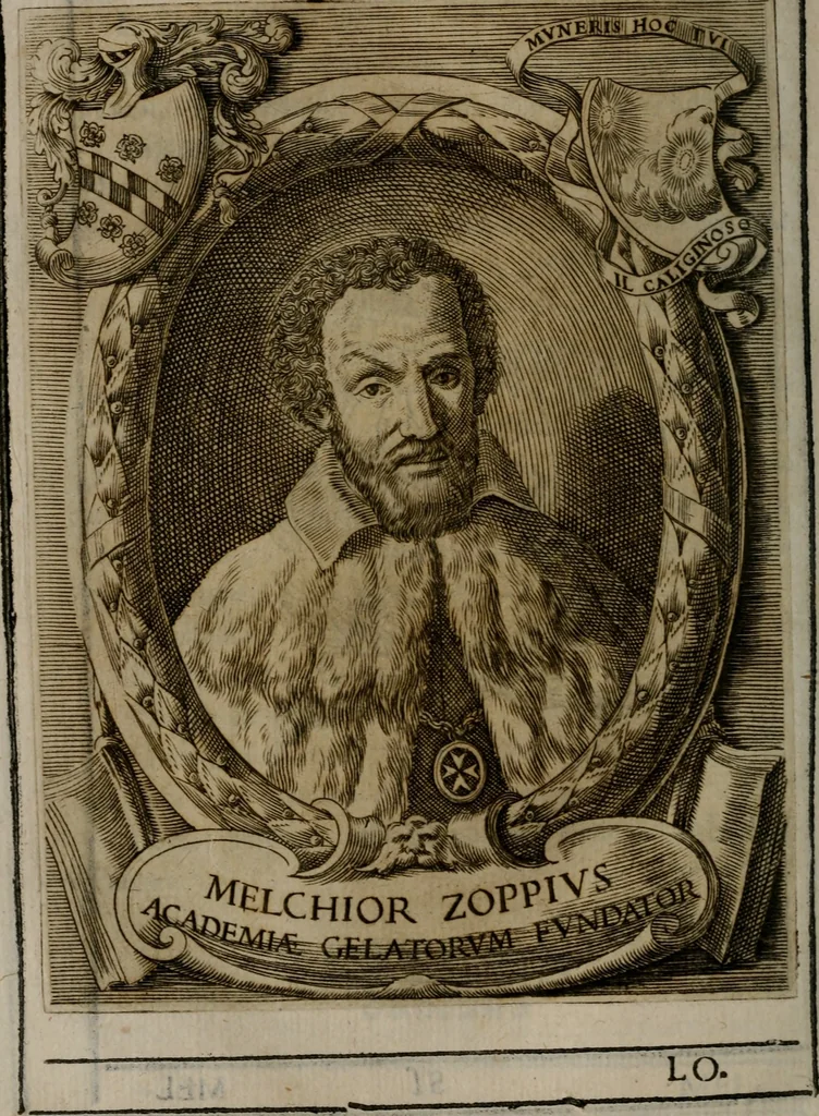 An illustration from Memorie, imprese, e ritratti de' signori Accademici Gelati de Bologna, 1672, leaf 357