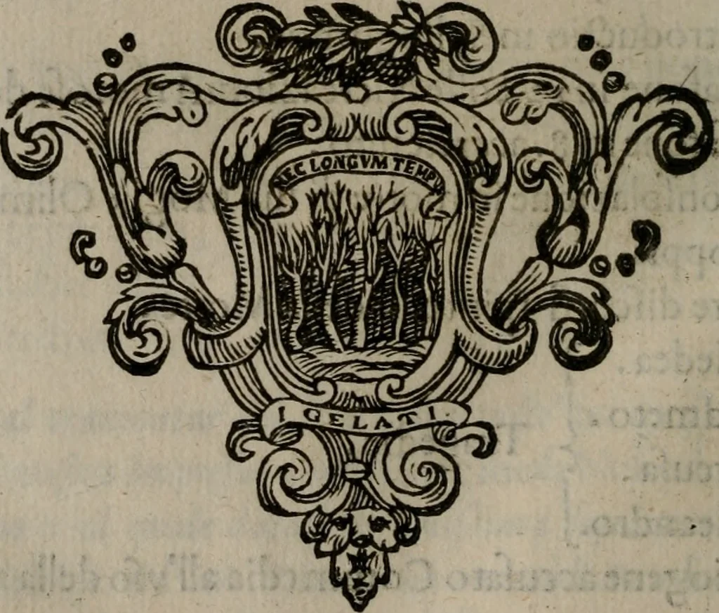 An illustration from Memorie, imprese, e ritratti de' signori Accademici Gelati de Bologna, 1672, leaf 363