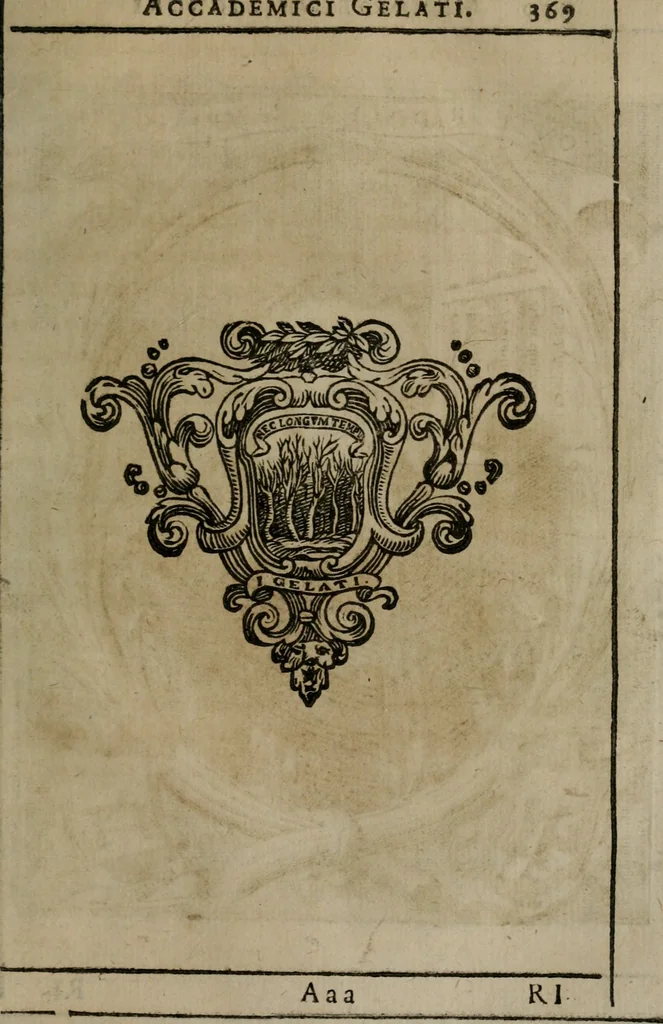 An illustration from Memorie, imprese, e ritratti de' signori Accademici Gelati de Bologna, 1672, leaf 404
