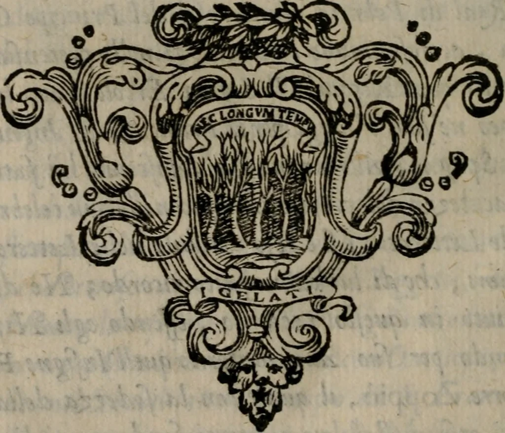 An illustration from Memorie, imprese, e ritratti de' signori Accademici Gelati de Bologna, 1672, leaf 439